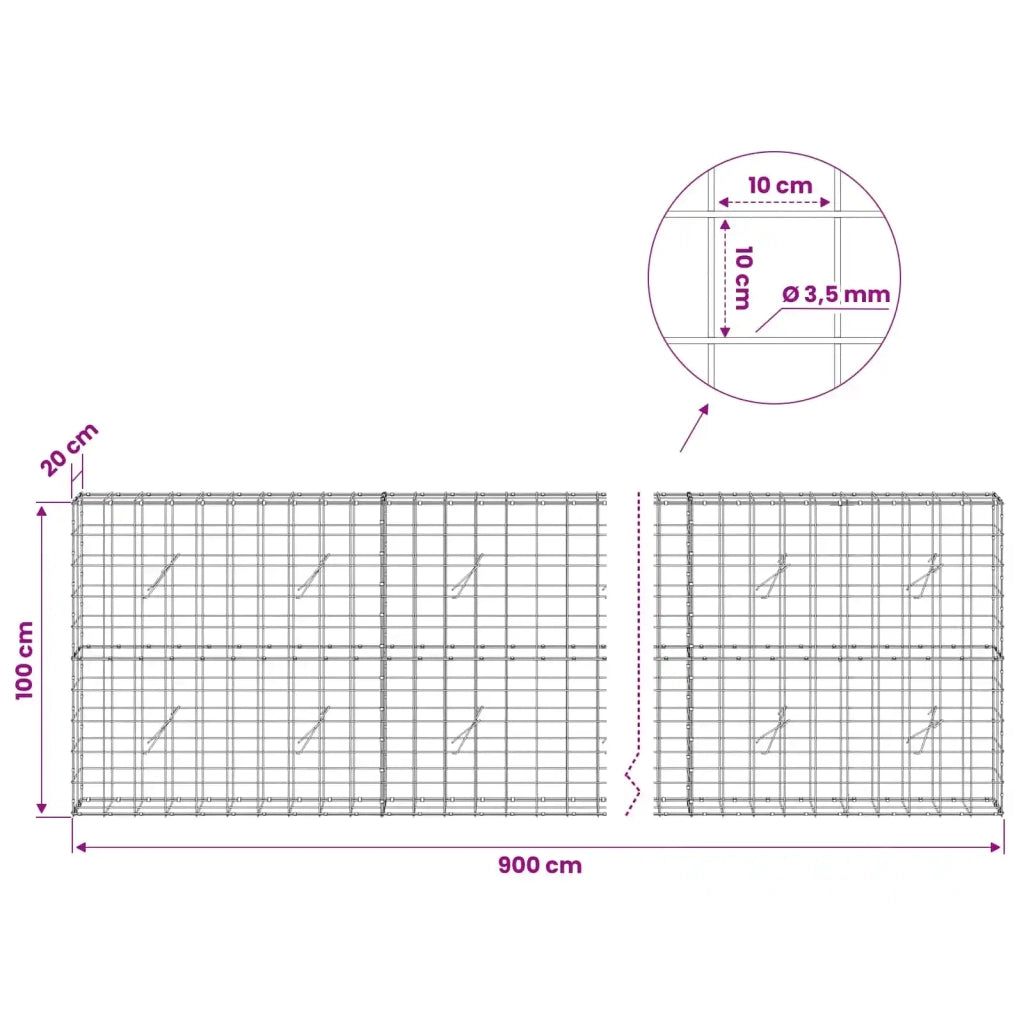 Gabione con Filo da 3,5 mm e Rete da 10x10 cm 900x20x100 cm 3463116