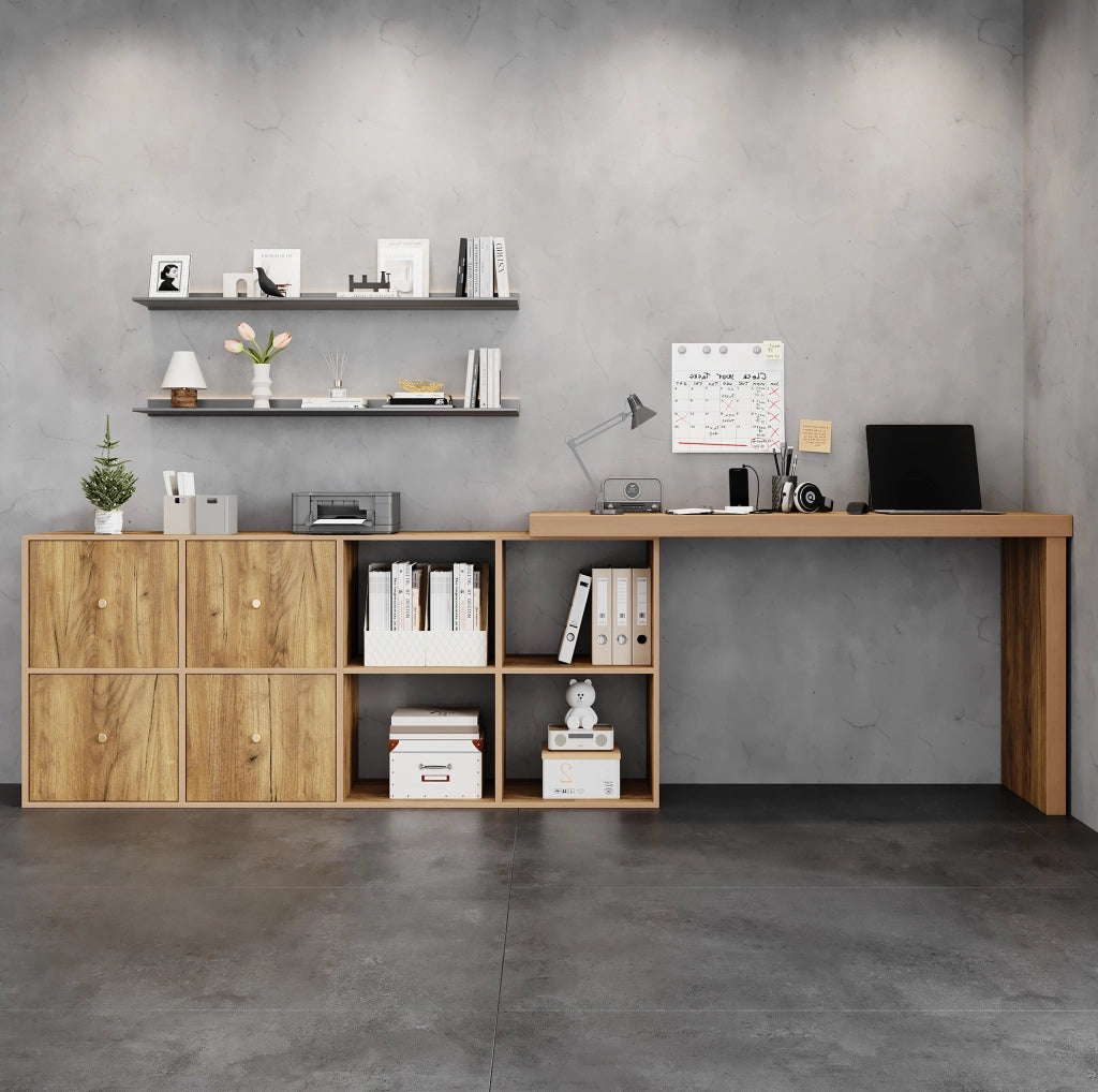 Scrivania girevole a 360° con 4 cassetti e 4 vani in MDF effetto rovere