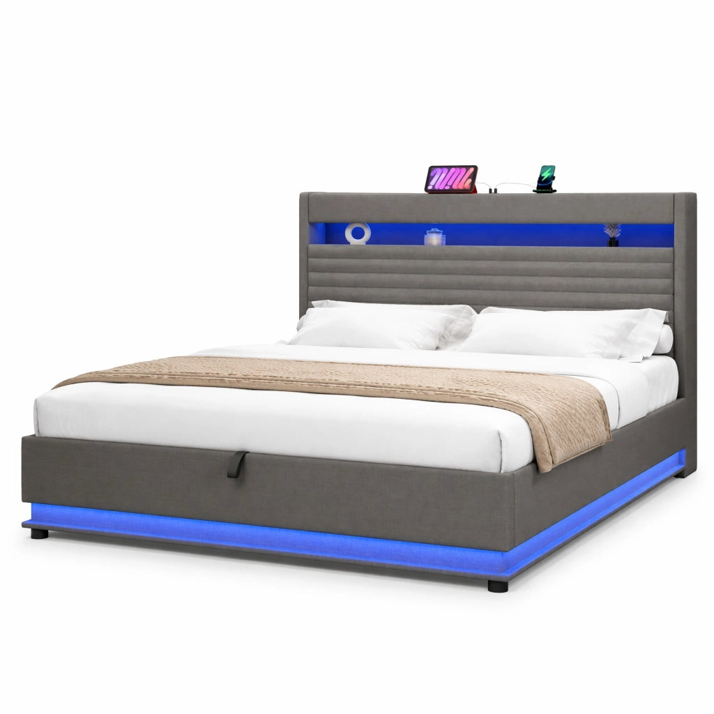Letto imbottito 180 × 200 cm con contenitore idraulico; LED; USB e USB-C; lino grigio