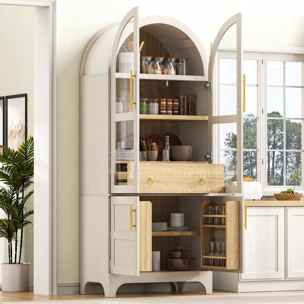 Highboard bianco con ripiani regolabili, cassetto e vetro scanalato. Mobile cucina con ampio spazio contenitore per soggiorno, sala da pranzo e cucina