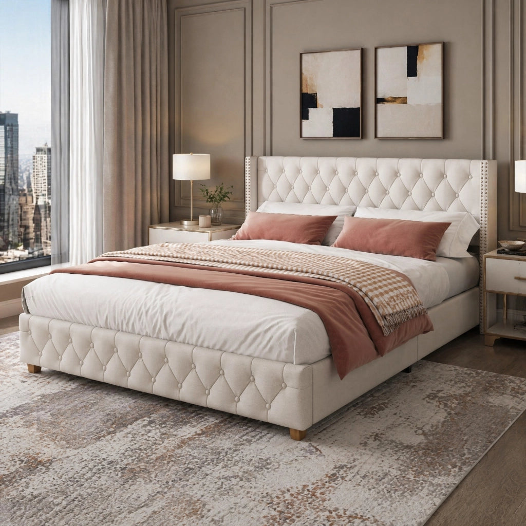 Letto imbottito 160 × 200 cm con rete a doghe e testiera capitonné in lino beige con gambe in legno
