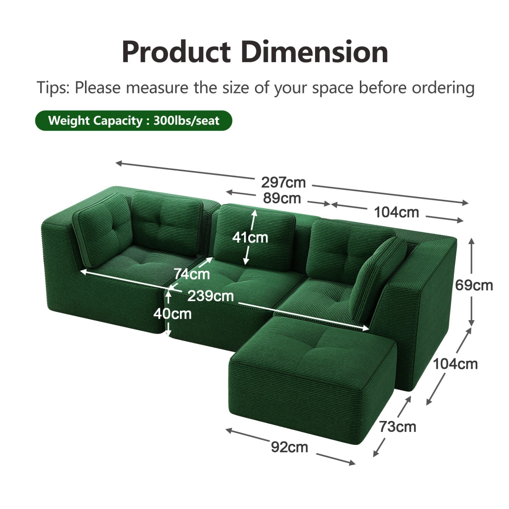 Divano angolare modulare 3 posti con chaise longue braccioli larghi e base antiscivolo in velluto a coste verde