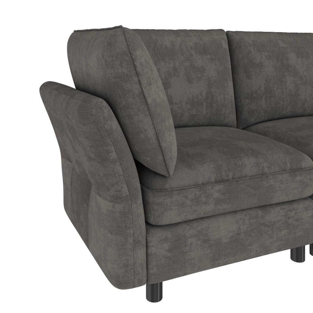 Divano angolare modulare da 4 a 5 posti in ciniglia grigio con pouf contenitore e 2 cuscini 225 × 137 × 84 cm