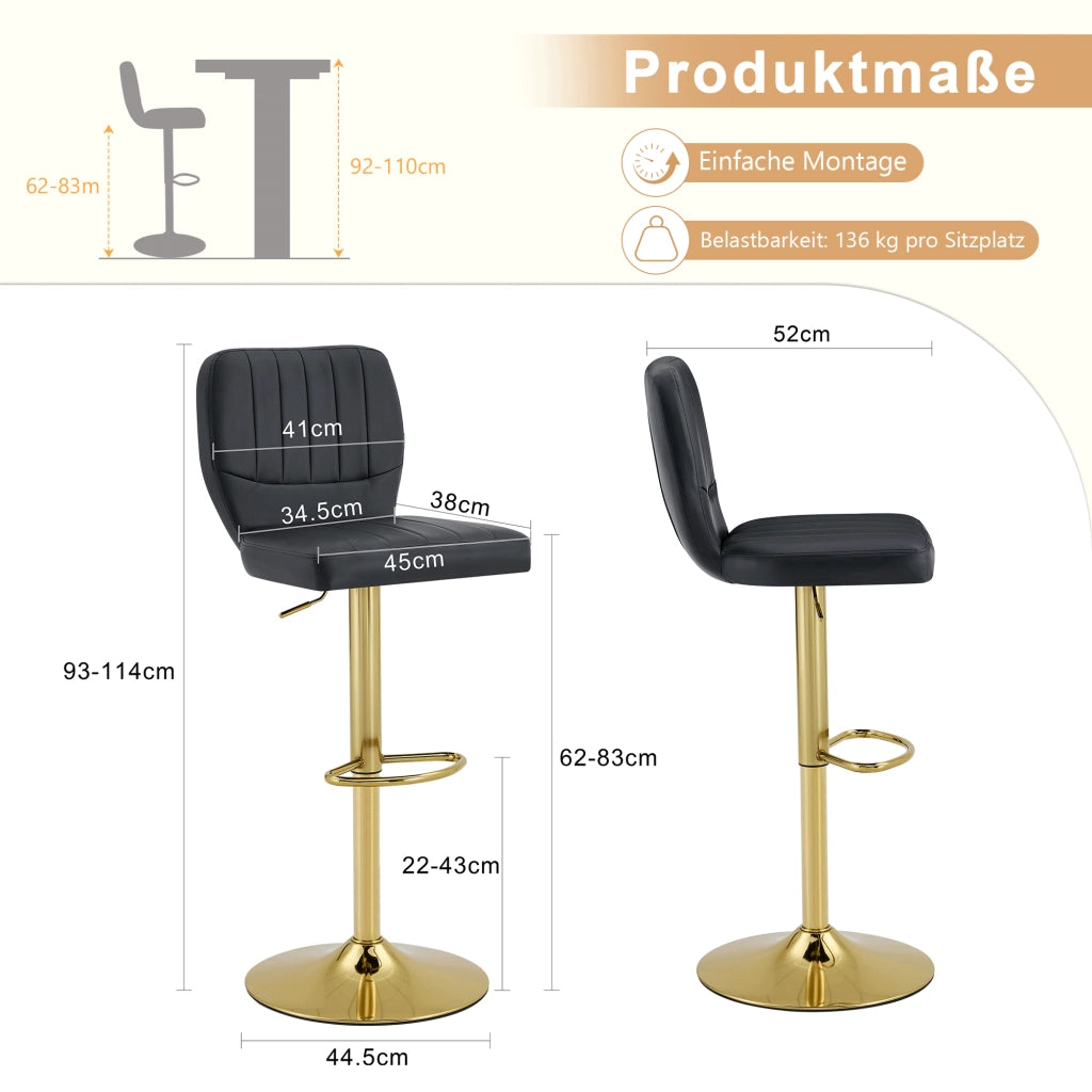 Sgabello da bar regolabile 62-83 cm girevole 360¡ã con schienale, nero e oro