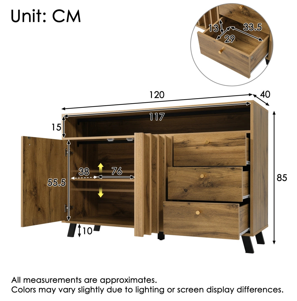 Credenza con 3 cassetti e 2 ante effetto rovere scuro, ripiano regolabile e vano a giorno