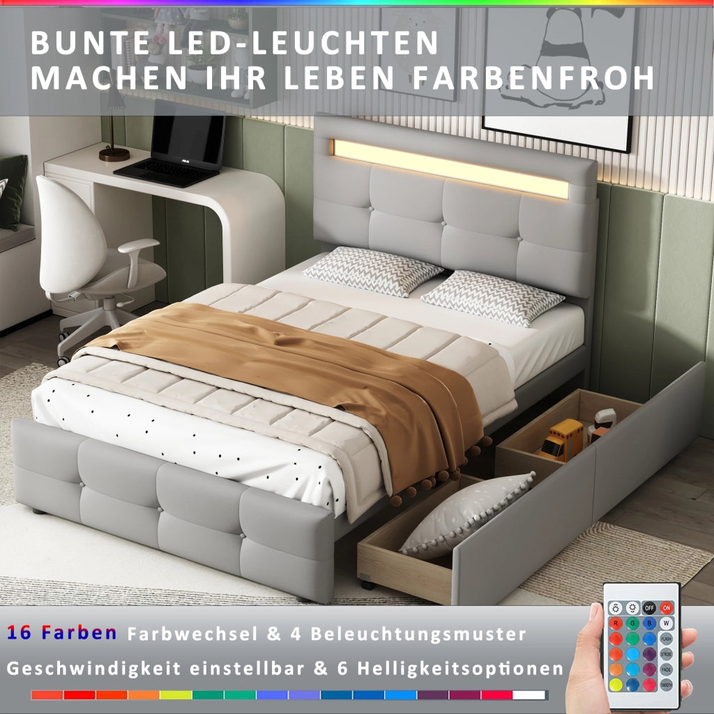 DESMIU Letto adulto 90 × 200 cm con 2 cassetti, LED, testiera regolabile, senza materasso, grigio