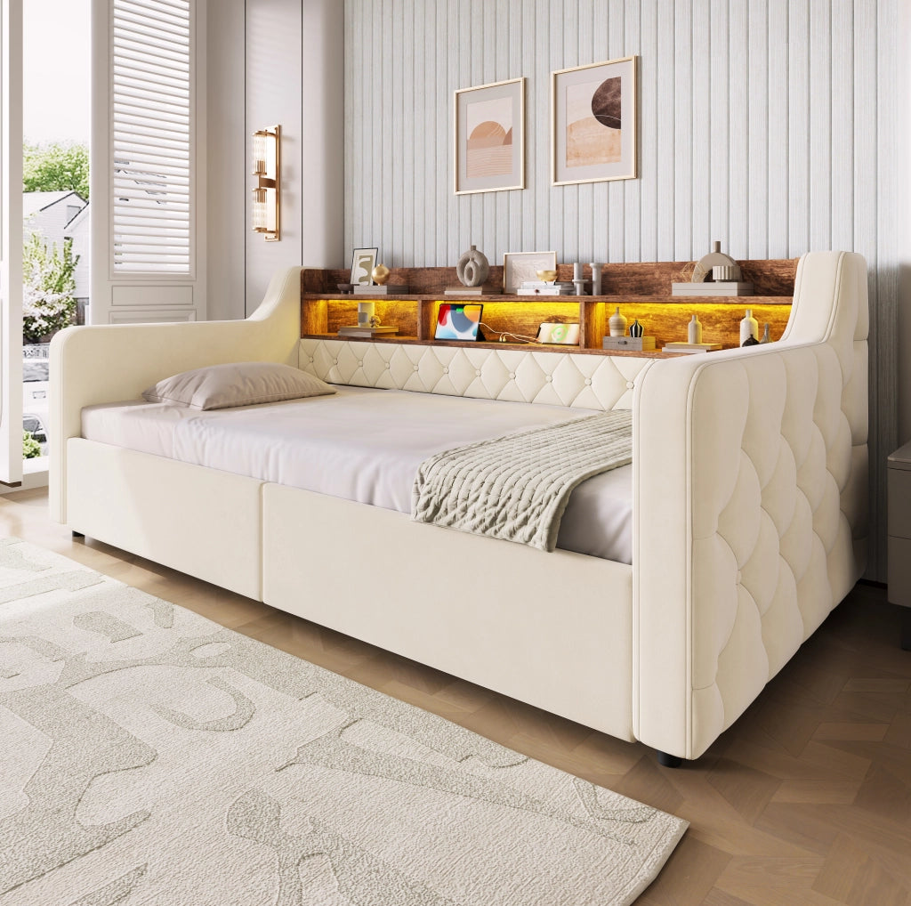 Letto imbottito beige 90 x 190 cm con LED, ripiani e 2 cassetti