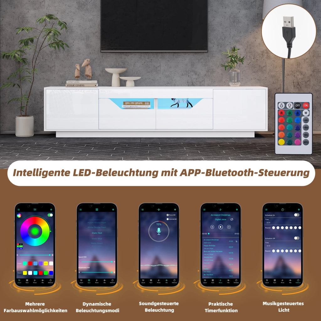 Mobile TV LED con 2 cassetti, 2 ante e 2 vani semichiusi, finitura lucida, per soggiorno, bianco, 180 × 40 × 45 cm