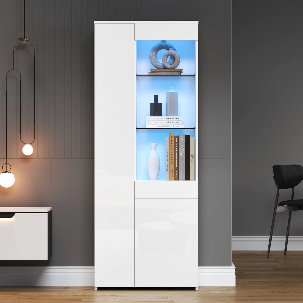 Vetrina con LED e cassetto due ante vani con vetro temperato in truciolare bianco 70 × 35 × 180 cm