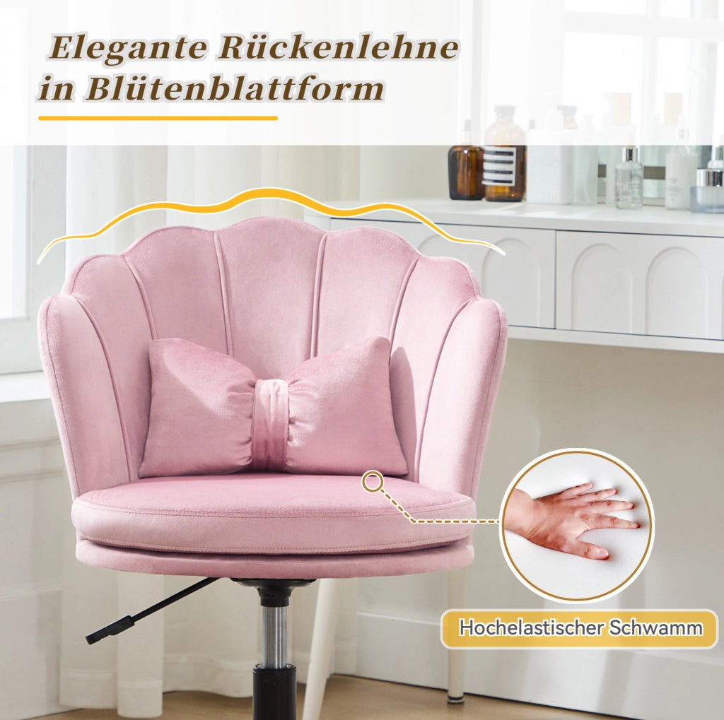 Sedia da scrivania girevole regolabile 55x62x73-83 cm in velluto rosa con cuscino lombare