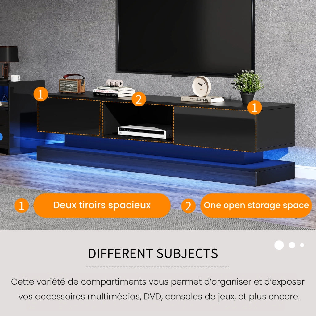 Mobile TV con LED multicolore via app; 2 cassetti; passacavi; nero lucido; 160 × 35 × 40.5 cm