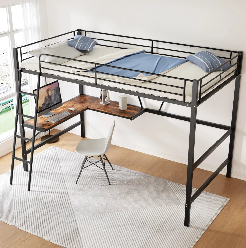 LETTO a soppalco 90x200 cm in metallo nero con scrivania a L e ripiano