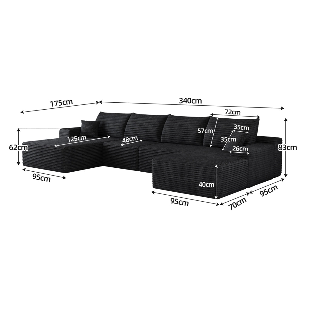 Divano angolare modulare 340 cm con chaise longue a L, tessuto di velluto a coste nero, senza montaggio richiesto