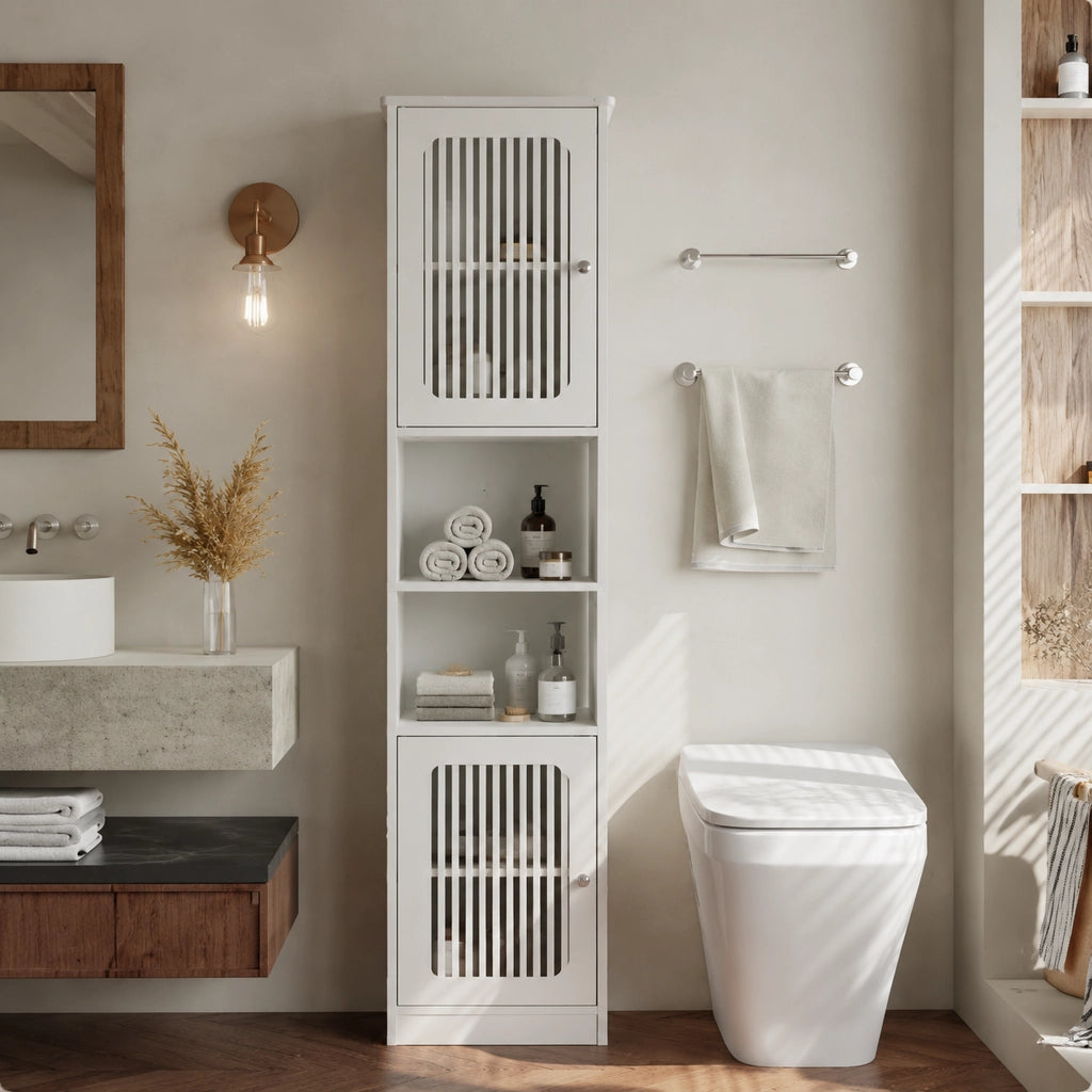 Colonna da bagno a terra in MDF e truciolato con ripiani regolabili ante a lamelle e vani aperti bianca