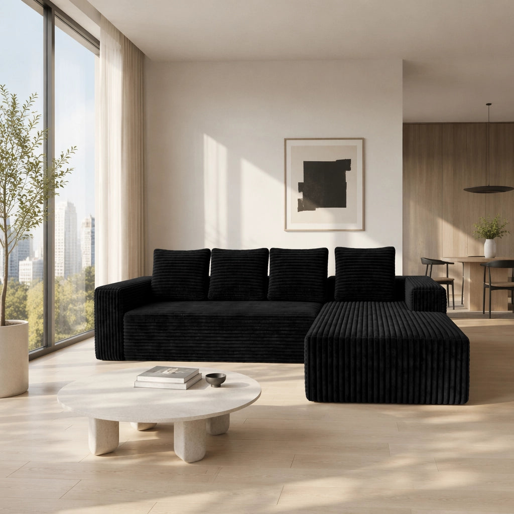Divano modulare a L con chaise longue reversibile in velluto a coste nero due moduli senza montaggio per soggiorno