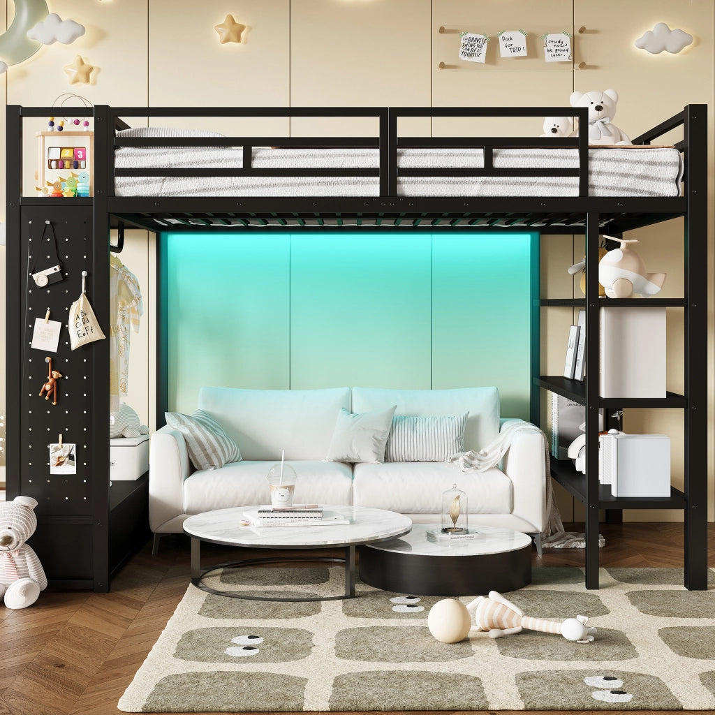 Letto a soppalco 140x200 cm con armadio aperto e LED in MDF e metallo nero