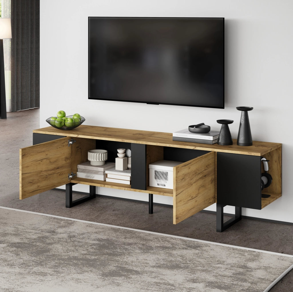 Mobile TV 180x40x55 cm con 2 ante e ripiani laterali in truciolare