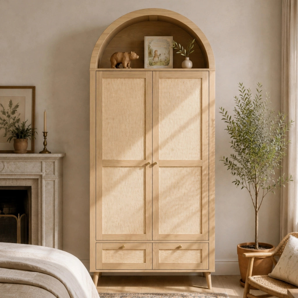 Armadio con 2 ante e 2 cassetti 180 cm in MDF con finitura rovere e rattan beige, design ad arco con appendiabiti e ripiano aperto
