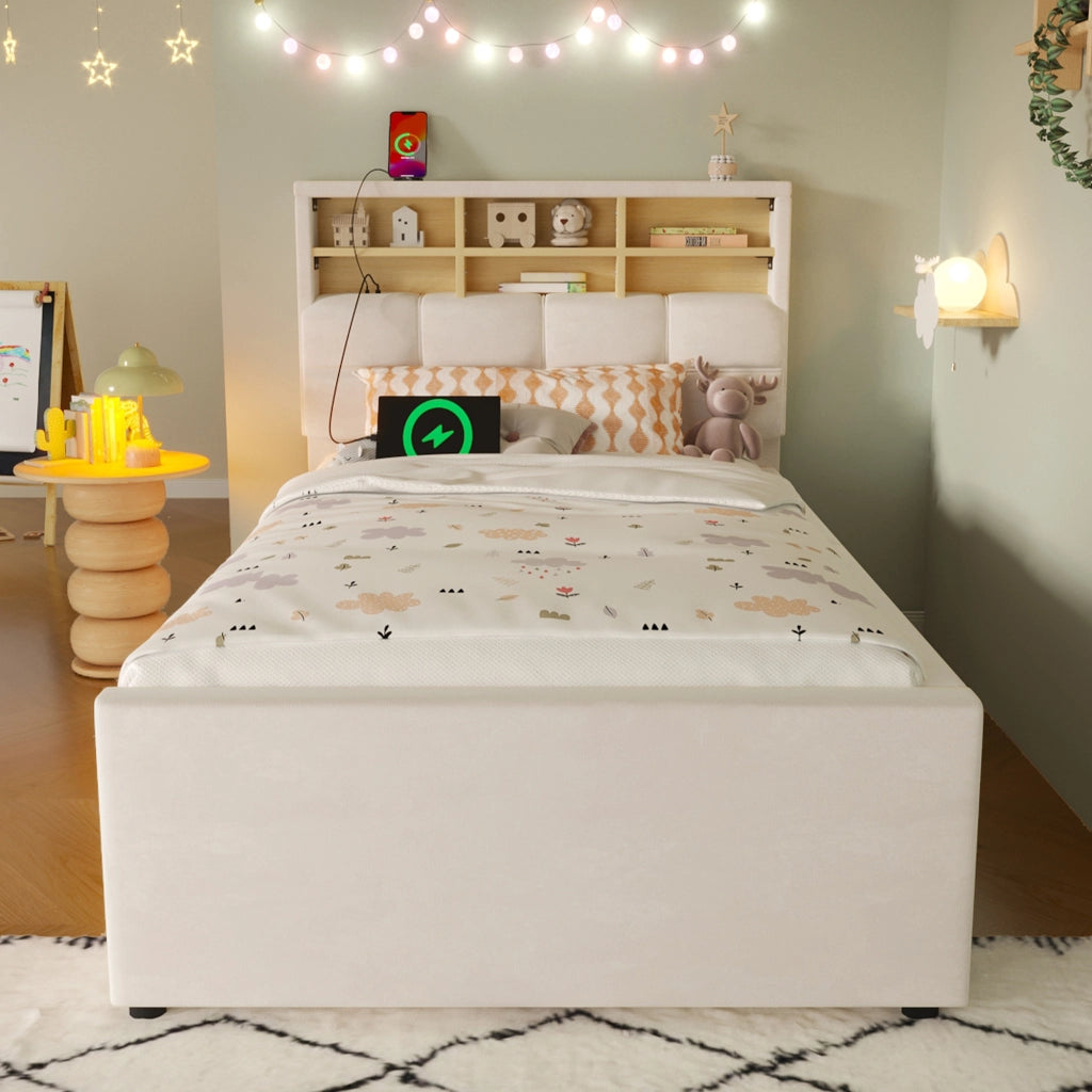 Daybed Imbottito 90x200 + 180x200 cm con Letto Estraibile; USB; USB-C; Beige