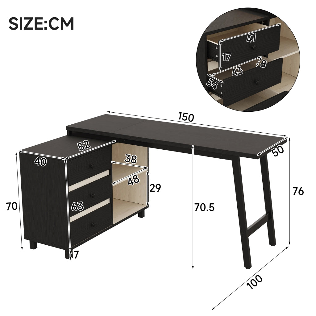 Scrivania ad angolo con 3 cassetti e 2 vani aperti - per studio - in MDF e metallo - 150×100×76 cm - nero