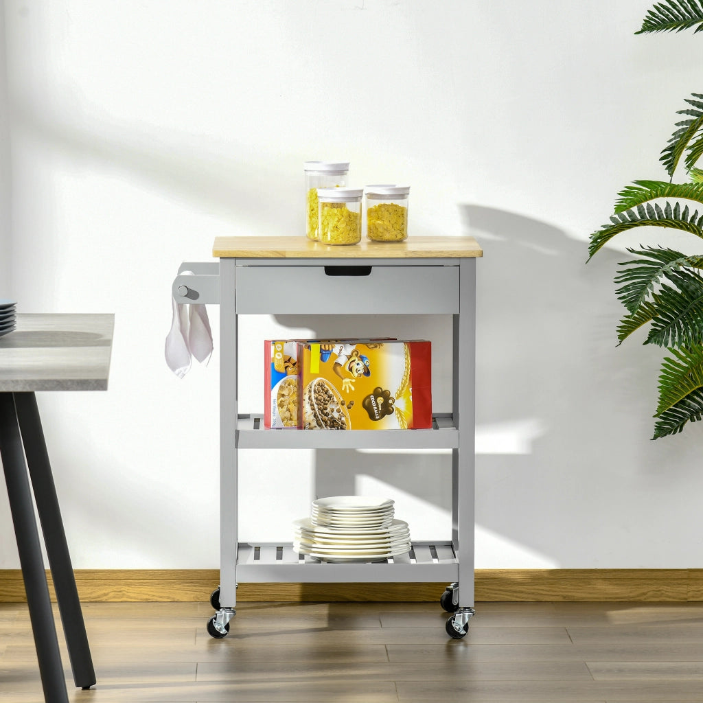 Carrello da cucina con ripiani in legno di hevea ¨C Minimal ¨C 2 ripiani, 1 cassetto e 1 porta strofinacci