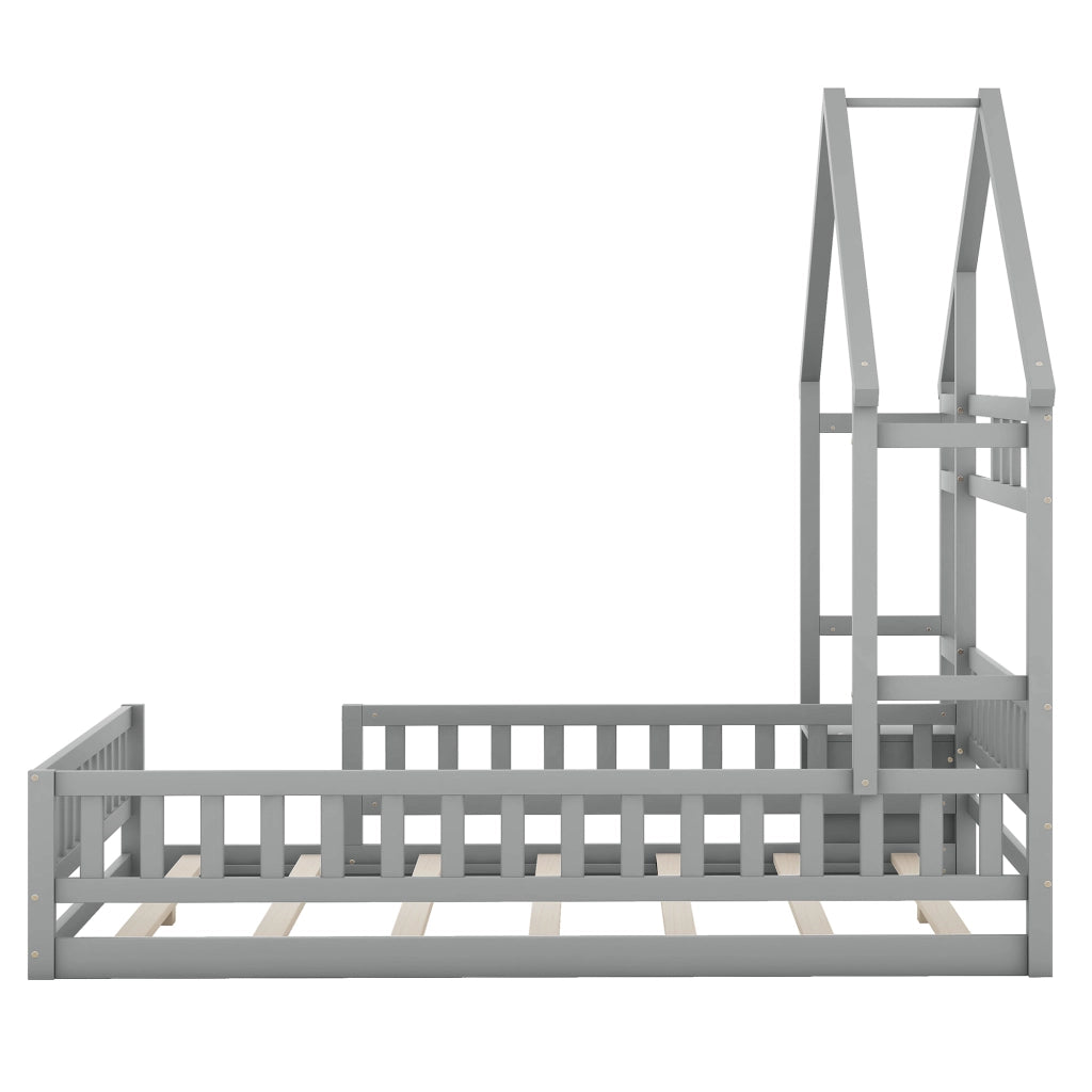 Letto a Casetta 140x200 cm in legno di pino con Sponde di Sicurezza Grigio