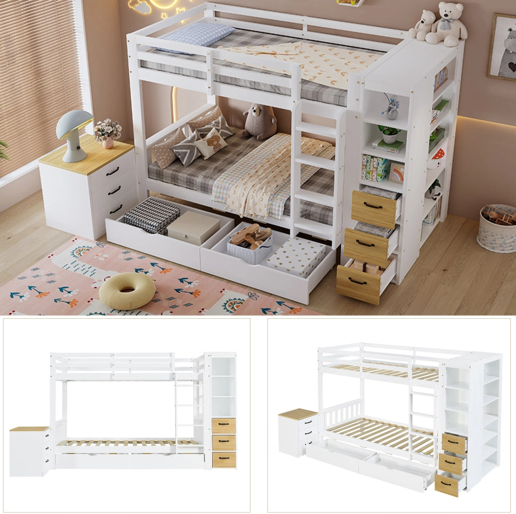 Letto a castello in legno bianco 90x200 cm con due cassettoni, scaffale laterale e comodino mobile