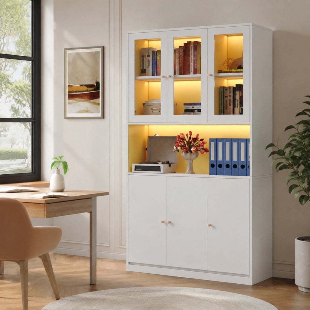 Libreria con vetrina 100x35x200 cm; LED regolabile e 3 ante in MDF bianco
