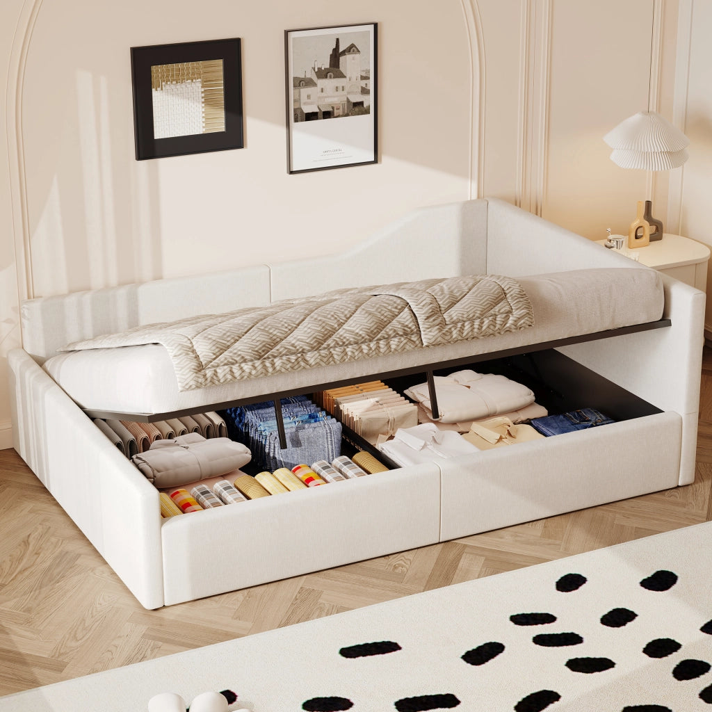 Letto contenitore 140 × 200 cm con vano sottoletto rivestito in lino struttura in MDF e compensato beige