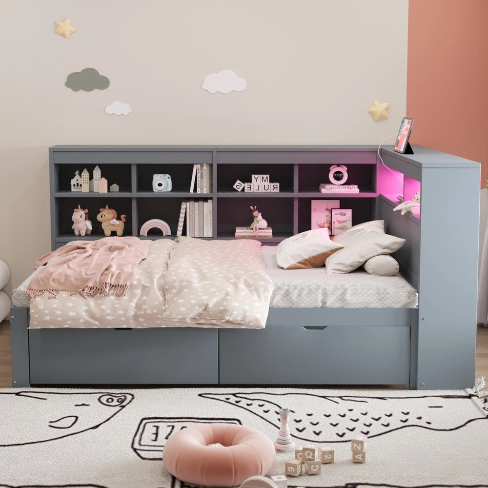 Letto Singolo in Legno Massello con Contenitore, LED e USB ¨C MINIMAL ¨C Grigio 90x200