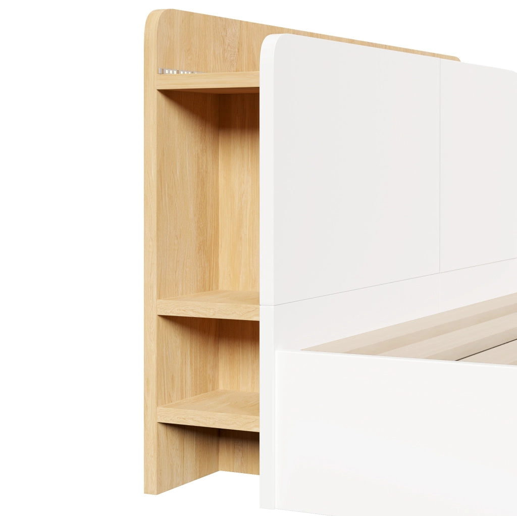 Letto 140x200 cm con contenitore idraulico, LED, USB e USB-C bianco naturale