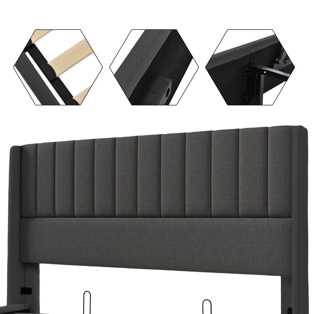 Letto matrimoniale con contenitore 160 × 200 cm idraulico con rete a doghe e testiera imbottita in lino grigio