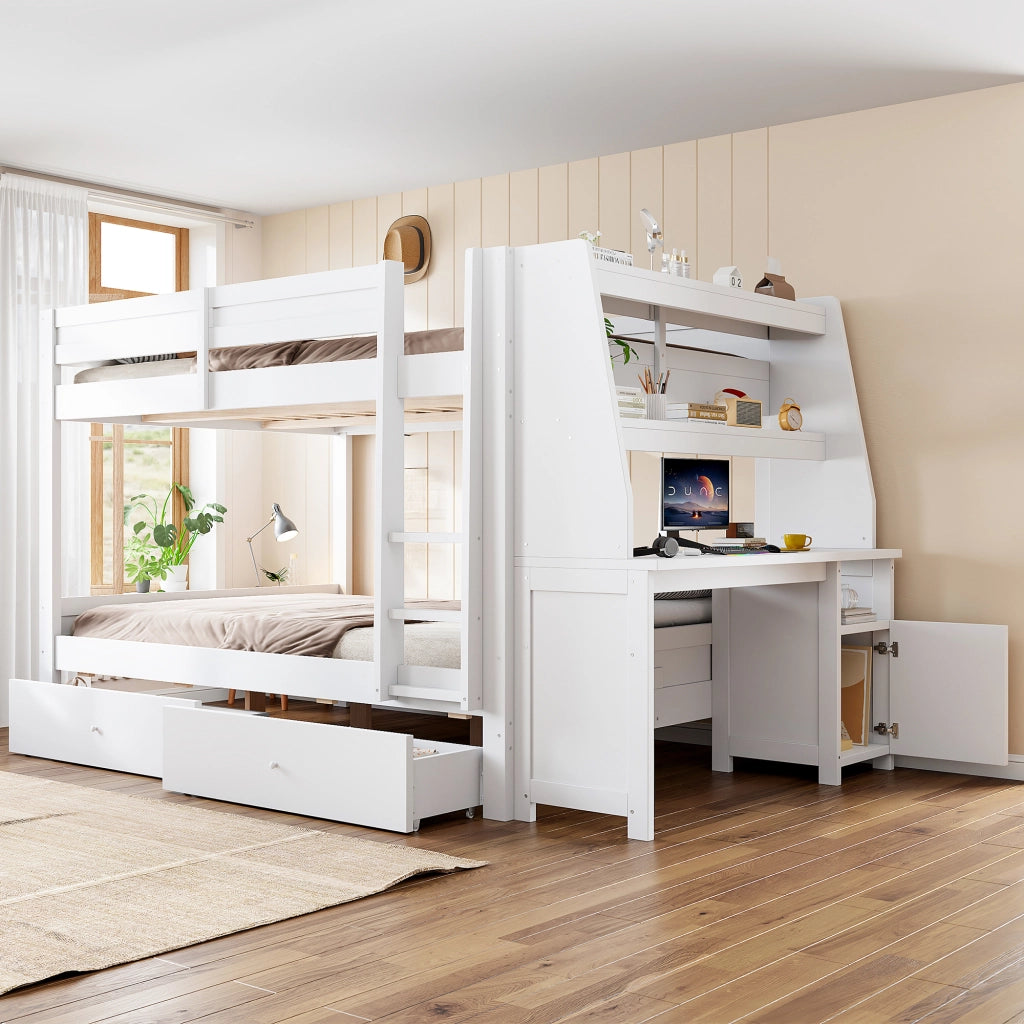 Letto a castello 140 × 200 cm con scrivania armadio laterale reversibile cassetti legno bianco rete a doghe