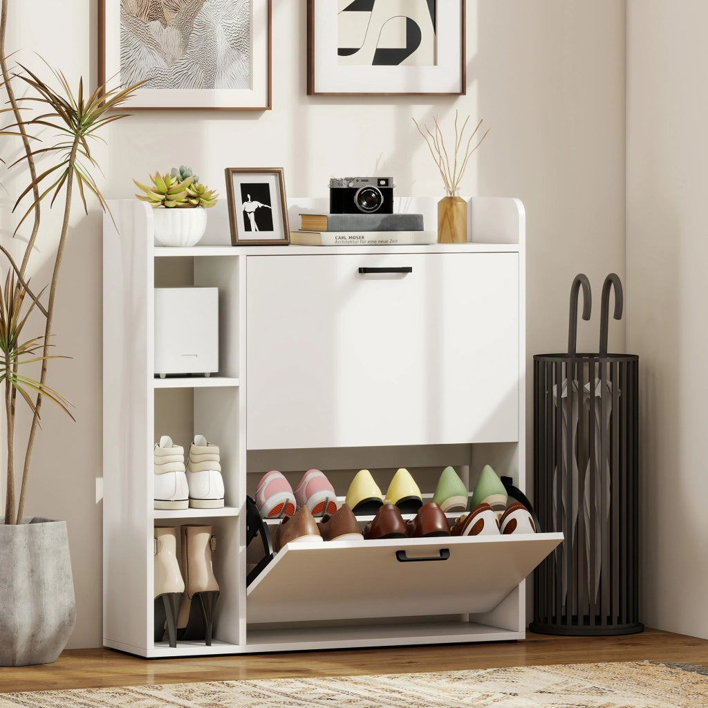 Scarpiera bianca 83×24×90,5 cm con ripiani regolabili e rimovibili, vani laterali, sistema antiribaltamento, capacità 8‑12 paia scarpe per ingresso
