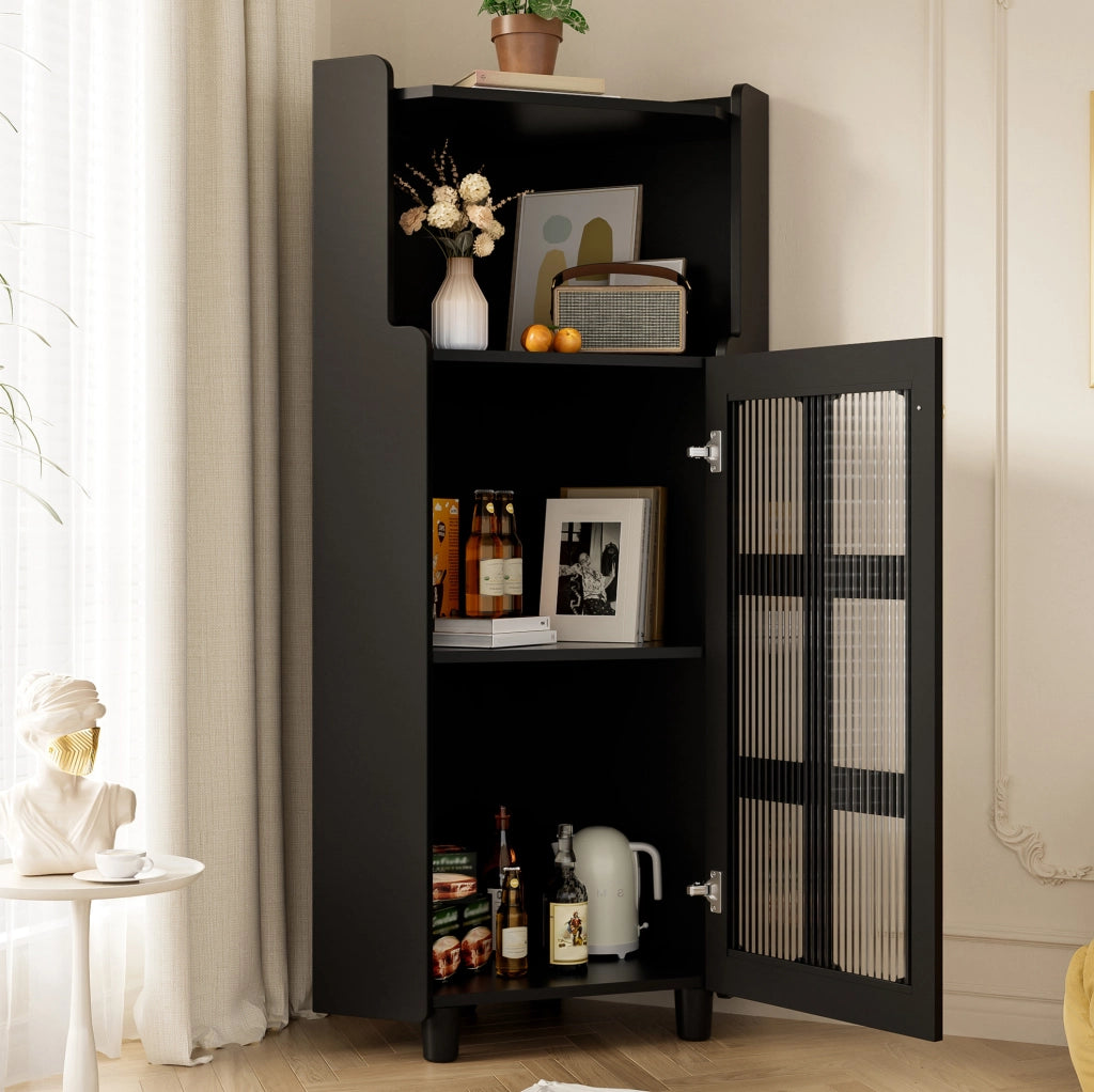 Mobile angolare LED nero in MDF con ante in vetro