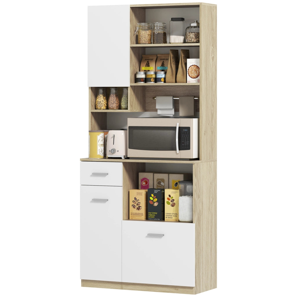 Mobile Dispensa in Legno con Cassetto, 3 Armadietti e 4 Ripiani Aperti, 80x35x180 cm, Bianco