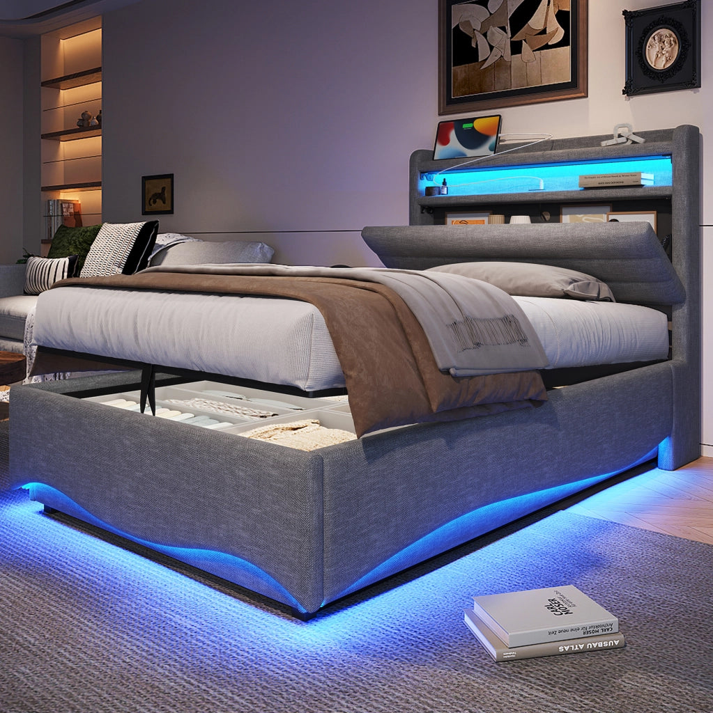 Letto imbottito con contenitore idraulico e LED 90x200 cm; lino grigio con USB e Type-C