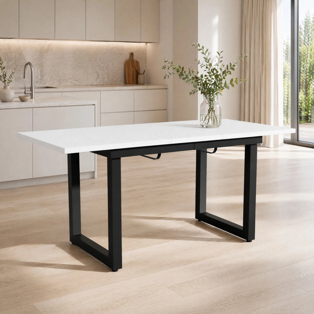 Tavolo allungabile da pranzo bianco e nero con piano in MDF; telaio metallico e piedini regolabili