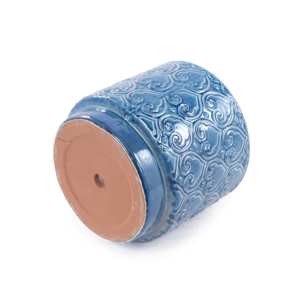 Vaso da Giardino in Ceramica Artigianale Ø38 cm Blu Lucido con Motivo a Cuore e Foro di Drenaggio, Resistente al Gelo