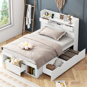 Letto singolo 90x200 cm con cassetti; vani contenitore; USB/Type-C e rete a doghe; bianco