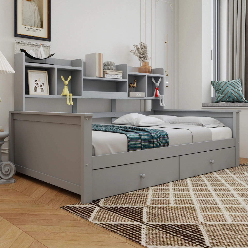 Letto singolo a divano 90 ¡Á 200 cm in legno grigio con cassetti vani laterali e rete a doghe