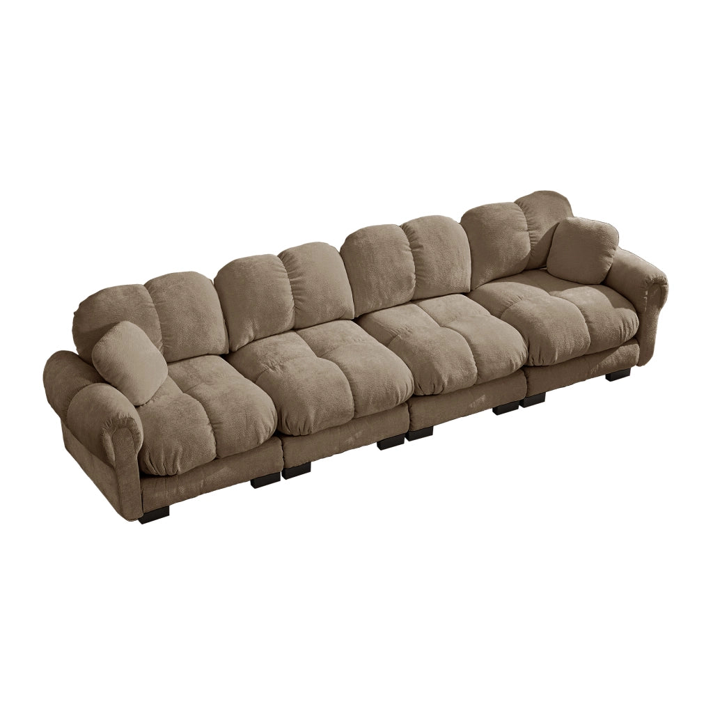 Divano modulare 330x86x90 cm con cuscini trapuntati e schienale curvo in ciniglia marrone