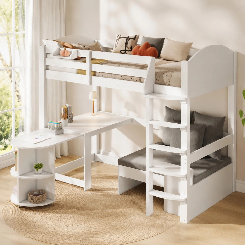 Letto a castello multifunzionale con scrivania estraibile, divano contenitore e scala sicura
