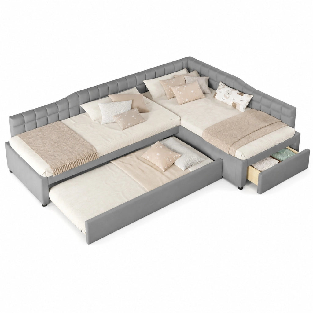 LETTO Imbottito a L 90x200 cm con Letto Estraibile e Cassetti Grigio
