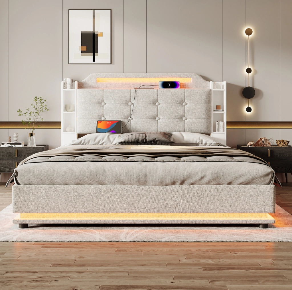 Letto imbottito 140x200 cm con vano idraulico, LED, USB e USB-C in lino beige