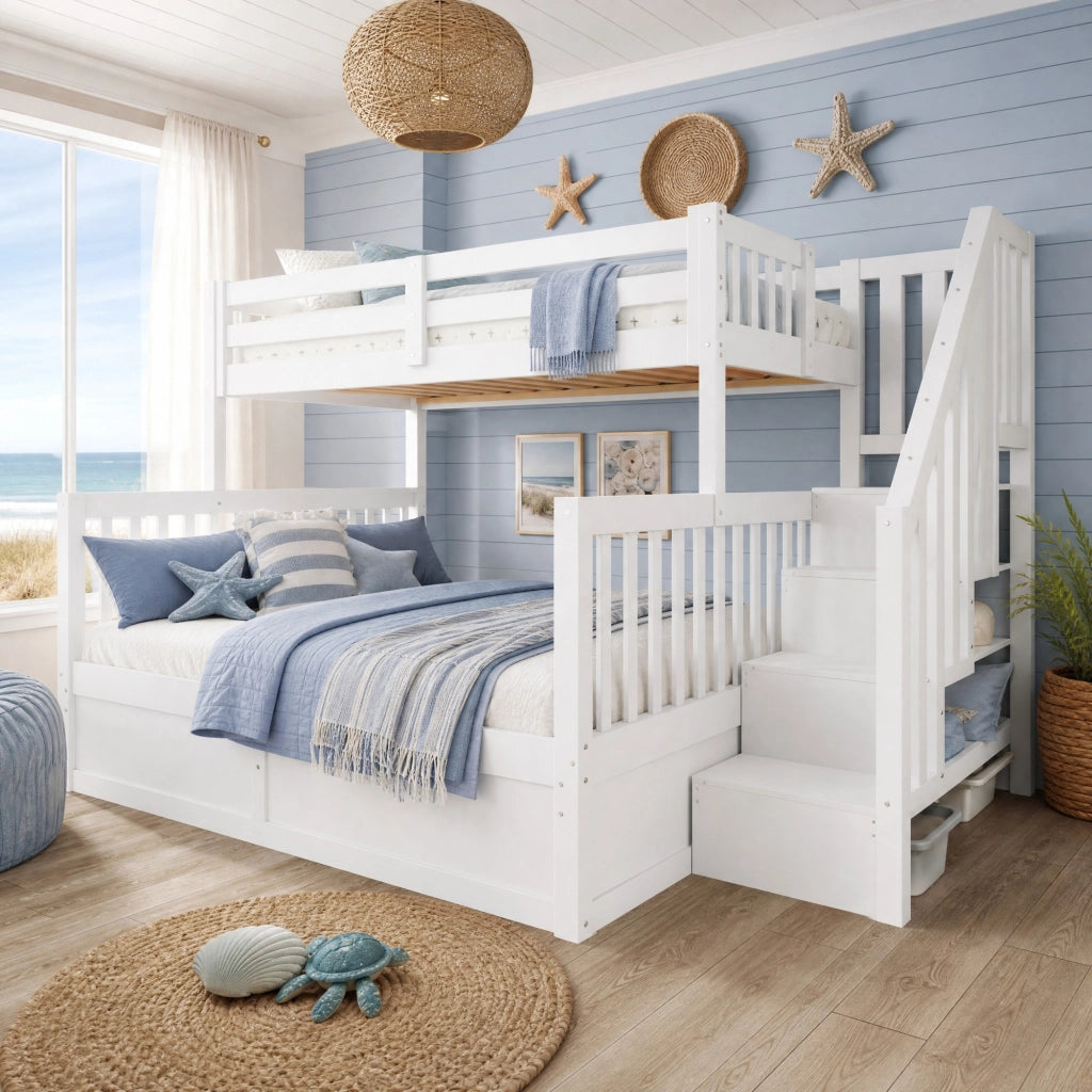 Letto a castello con vano contenitore idraulico e scala con vani in legno bianco e naturale