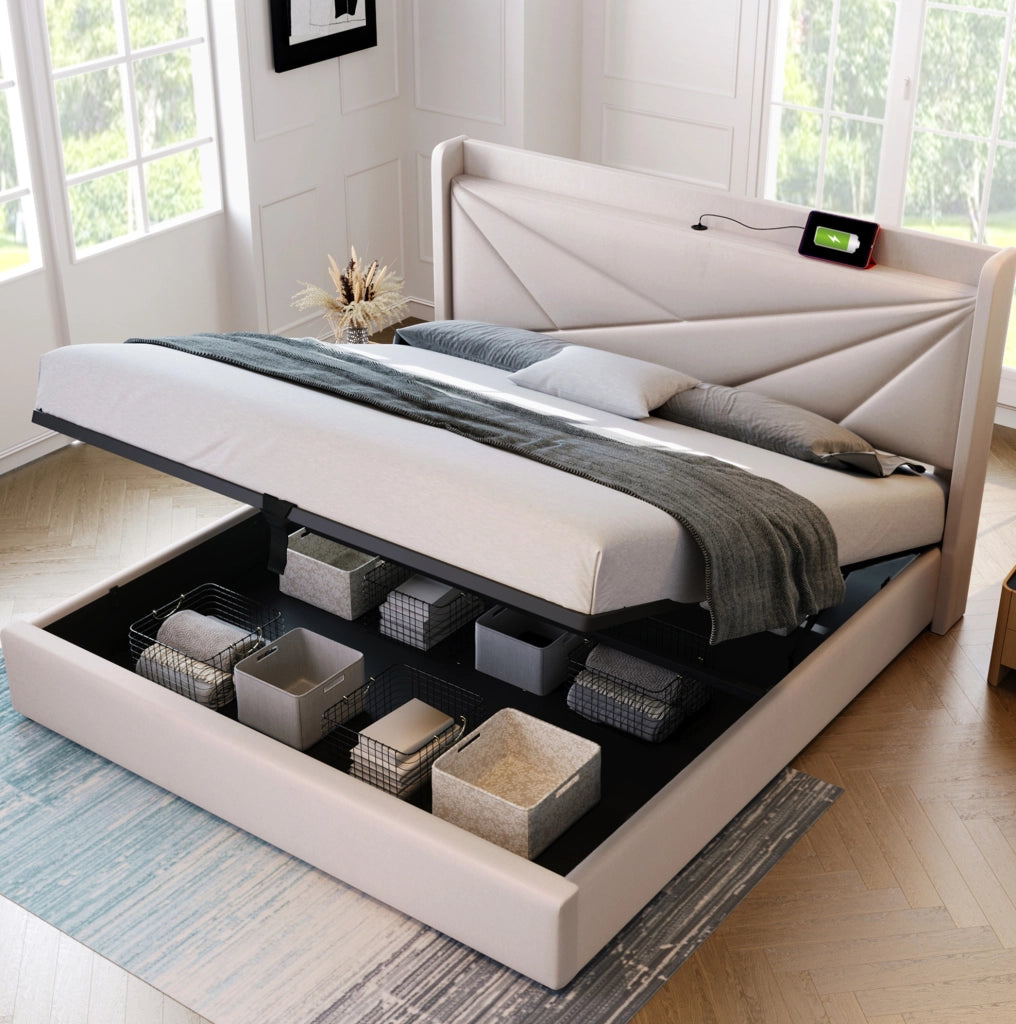 Letto matrimoniale contenitore beige 140x200 con testiera imbottita e porte di ricarica integrate