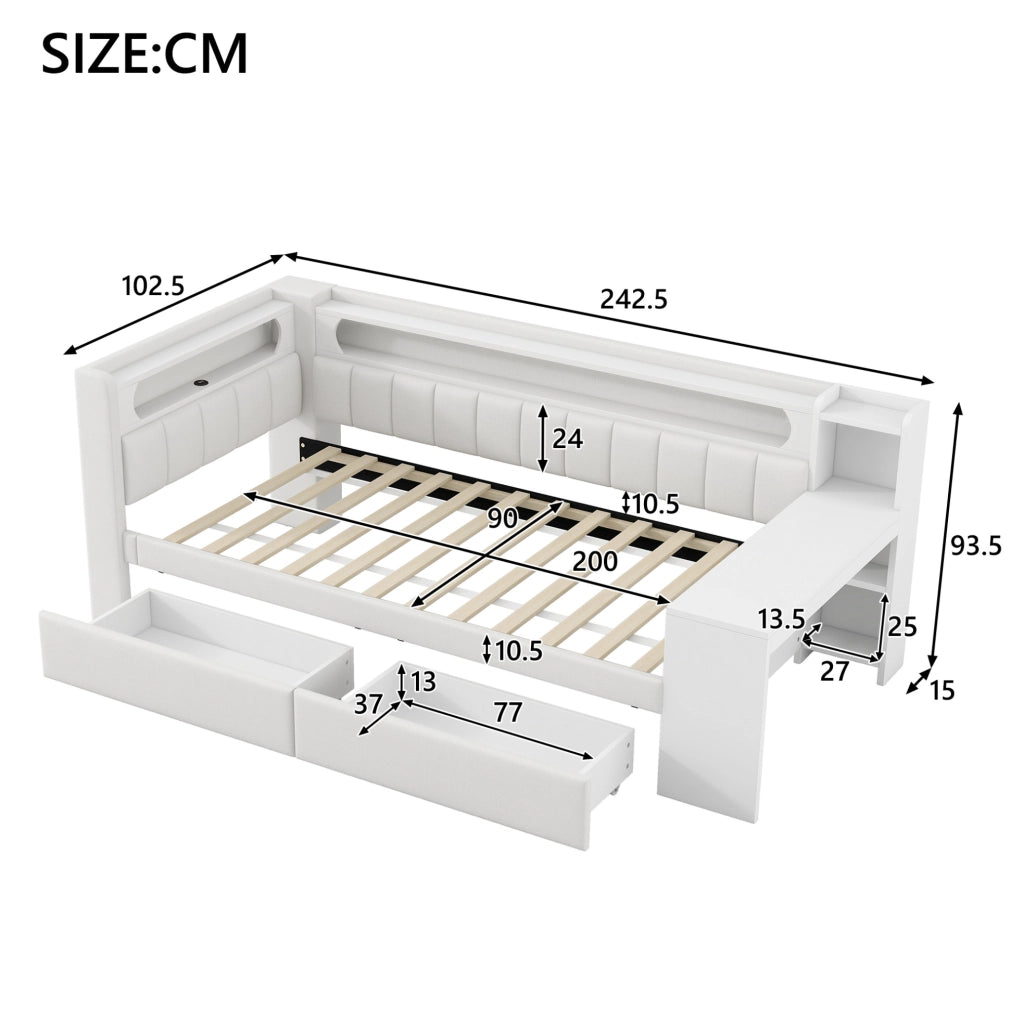 Daybed imbottito 90x200 cm con USB, illuminazione LED, scrivania integrata e 2 cassetti, bianco