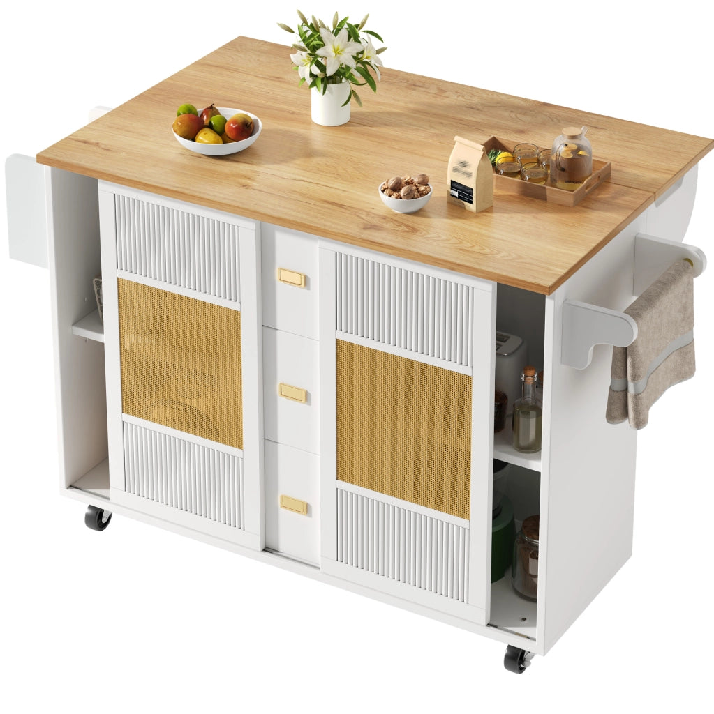 Isola da cucina mobile bianca con piano pieghevole, cassetti e ripiani regolabili