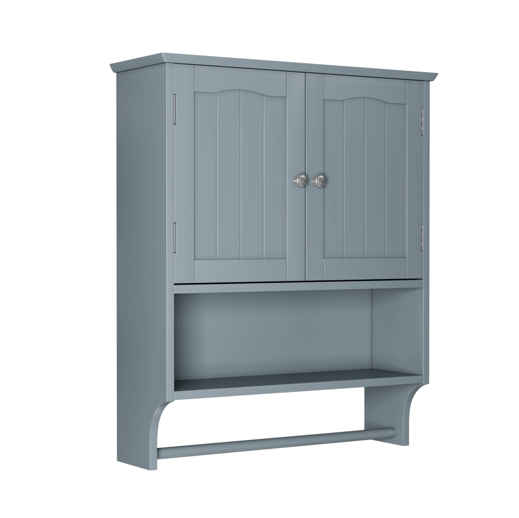 Mobiletto da bagno a muro in MDF grigio chiaro con 2 porte, ripiani aperti e porta asciugamani, 56,8x19x70 cm